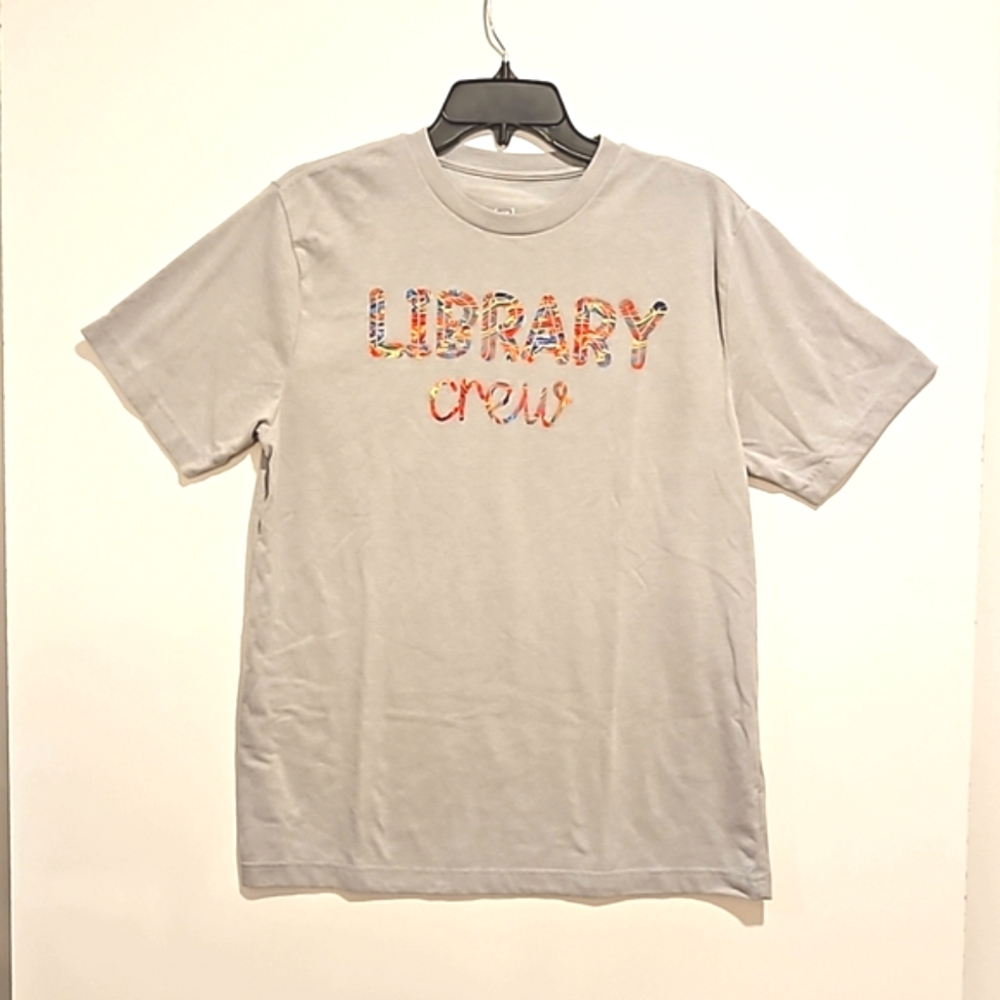 'Library Crew' multicolor graphic print tee by George Med. UNISEX men's cut gray